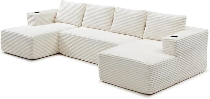 132" Modular Sectional Sleeper Sofa, Boneless Cloud Couch for Living Room, U Shaped 5 Seat Sofa with 2 Cup Holders, Free Combination, No Assembly Required (Beige)