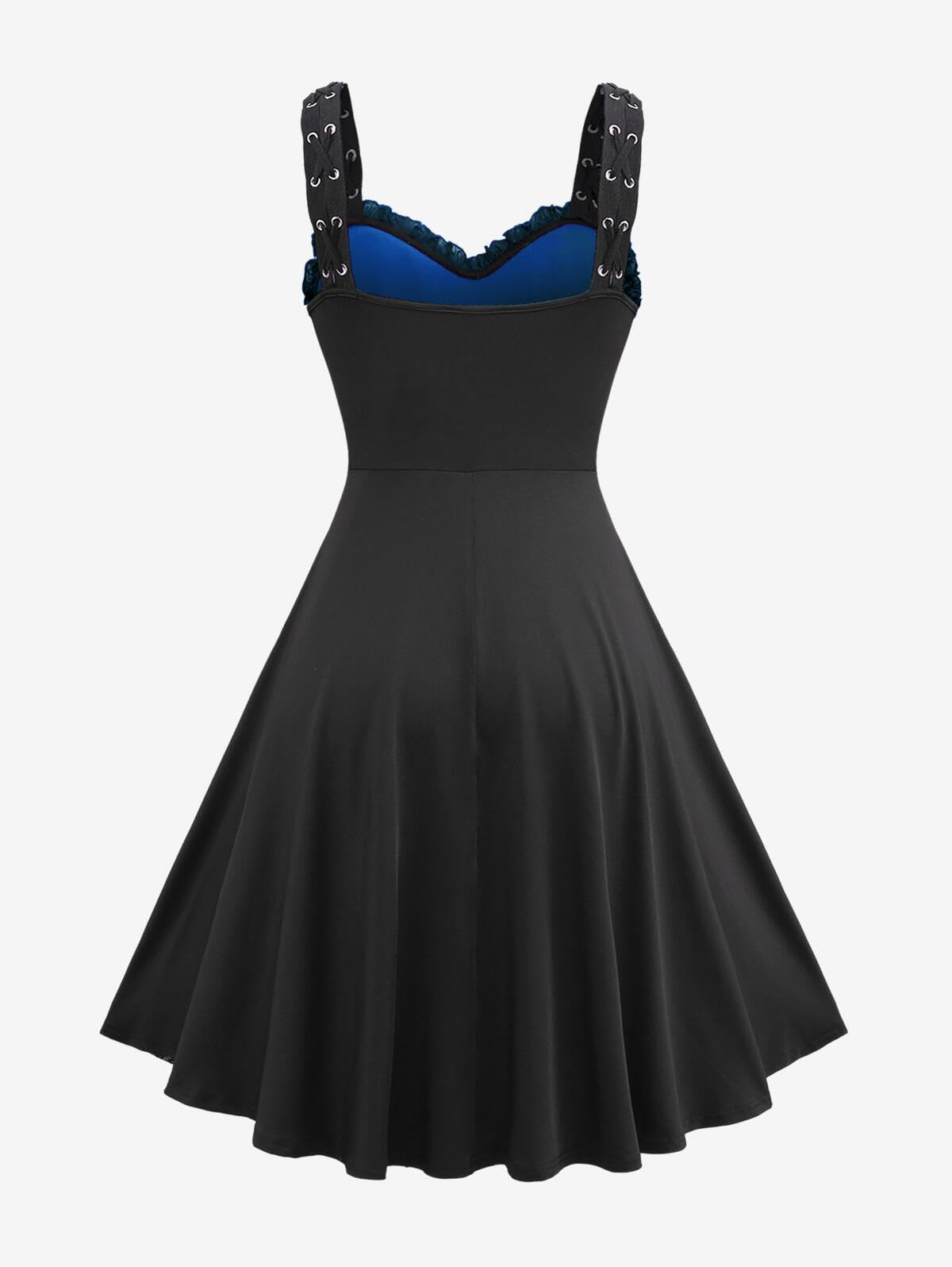Rosegal Women Plus Size Gothic Lace-up Cross Mesh Overlay Lace Panel Ruffles Midi Dress Vinatge Goth Straps A Line Dress(Blue_1/M)
