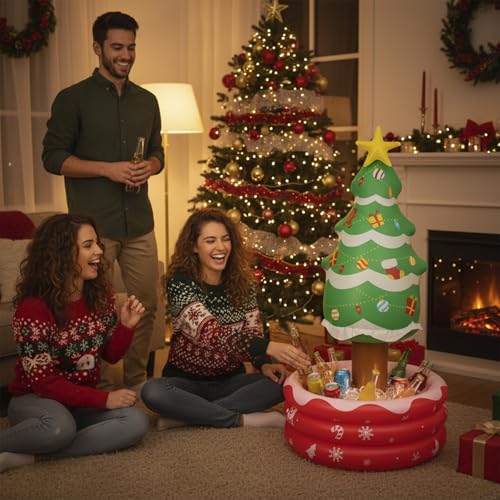Inflatable Christmas Tree Cooler, Holiday Drink Holder & Ice Bucket for Parties, Christmas in July Decoration, 56 x 26 x 2...