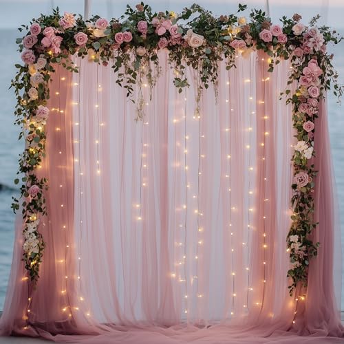 Xiomot Tulle Backdrop Curtain with Lights String 10FT X 8FT Dusty Rose Sheer Tulle Backdrop Curtains for Wedding Birthday ...