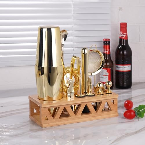 JWJIUEJIU Cocktail Shaker Set Bartender Kit with Bamboo Stand,13 Piece Bar Set Stainless Steel Bar Tools Set for Professio...
