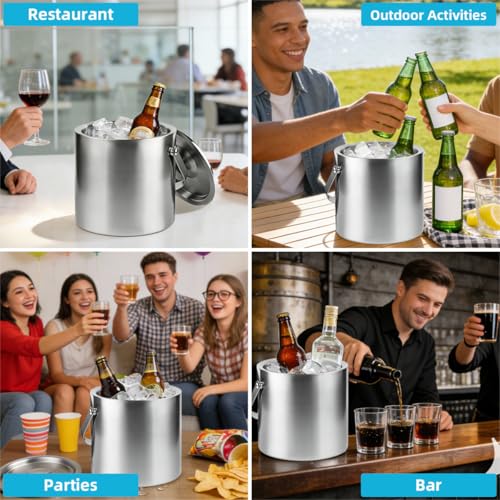ChefBee Stainless Steel Ice Bucket - 3L Double-Wall Insulated Ice Buckets for Parties with Lid & Tongs, Large Champagne Wi...