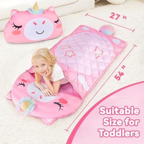 iPlay, iLearn Kid Sleeping Bag, Unicorn Slumber Sack, Toddler Girl Nap Mat, 2 in 1 Pink Animal Cushion Blanket, Happy Trav...