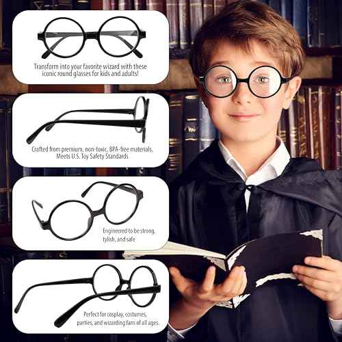Kangaroo Wizard Glasses for Kids - Round Wizard Round Glasses Costume - Black Fake Circle Frame - Boys & Adults Halloween Costume Cosplay - Apparel