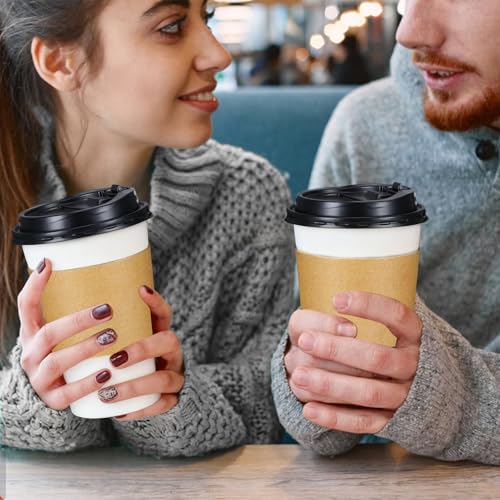 Lamosi 50 Pack 20 oz Disposable Coffee Cups with Lids and Sleeves, White To Go Leak-Proof Paper Cups for Picnics, Parties,...