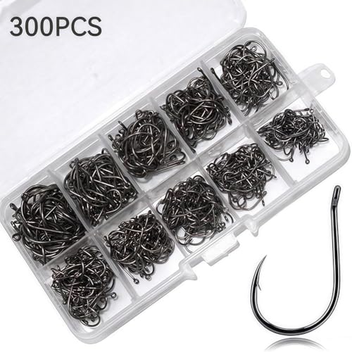 300 PCS Fishing Hooks with Holes, 10 Sizes (3# to 12#) Carbon Steel Sharp Fish Hooks for Freshwater Saltwater Fishing, Ass...