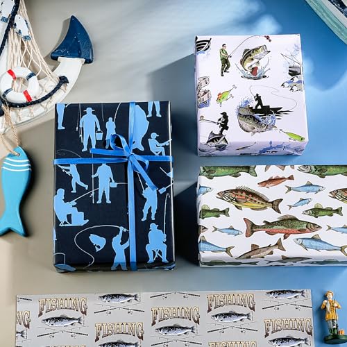 WRAPAHOLIC Fishing Wrapping Paper Sheet - 12 Sheets Folded Flat - Adventure Fishing and Fishhook 4 Design for Angler Fish ...