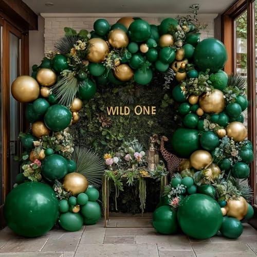 Emerald Green Gold Balloons Garland Double Stuffed Dark Green Gold Balloons Hunter Forest Metallic Arch Kit for Birthday B...