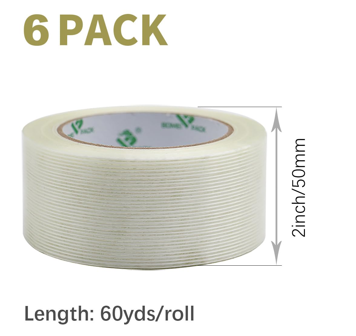 BOMEI PACK 6PACK Reinforced Packing Tape, 5.5Mil 2Inx 60Yds, Heavy Duty Fiber Strapping Adhesive Packaging Tape