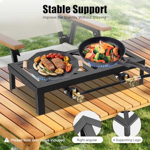 PROYONGOO Double Propane Burner Camping Stove, 18.90" X 9.84" X 4.53" Gas Stove with Regulator Hose, Portable Gas Burner f...