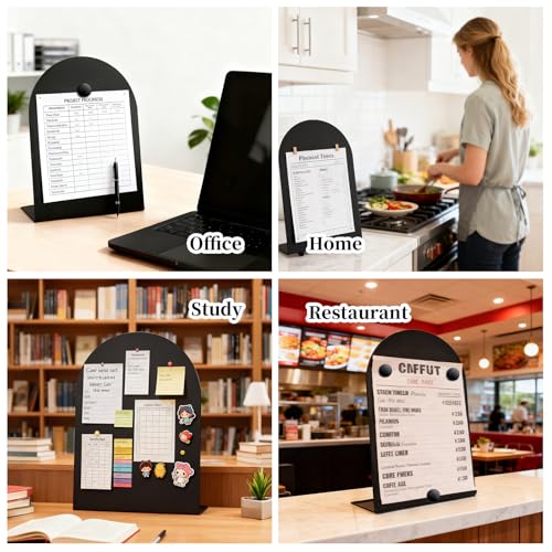 Wumabei 2 Pcs Black Magnetic Bulletin Board for Tabletops - 10x7 Inch Arched Memo Display Easel Stand with 8 Magnets, Meta...