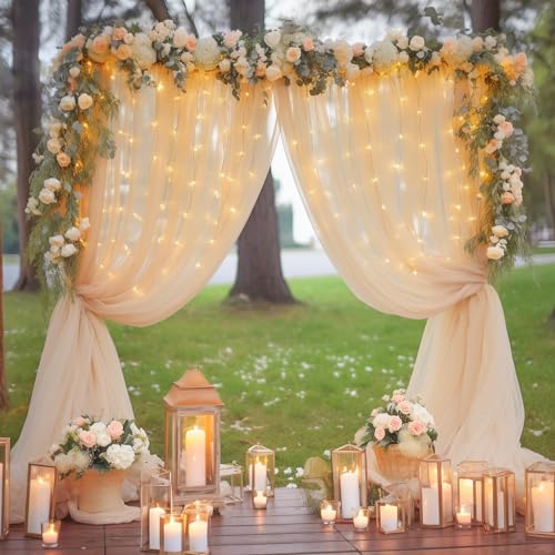 10×8ft Champagne Tulle Curtain Backdrop with Lights String for Parites, Sheer Backdrop Curtain Drapes for Wedding Photo Ba...