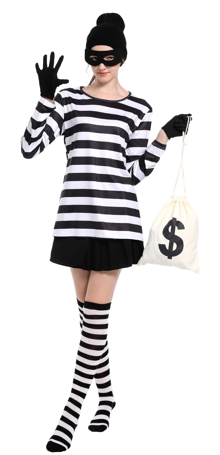 Adult Women's Robber Costume, Bank Robber Costume Thief Accessories for Halloween Costume(Women,X-Large)