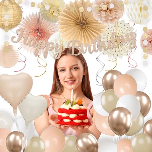 Champagne-Gold Beige Birthday Decorations for Women Girls,Cream Neutral Balloons Décor,Happy Banner,Boho Peach Paper Lante...