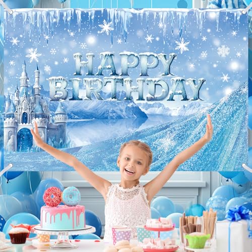 Ice Snow Castle Theme Happy Birthday Photography Backdrop - 5x3ft Winter Princess Background Photo Booth Banner Props for ...