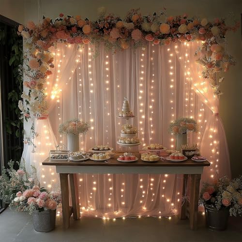 EMHOLDBU Champagne Tulle Backdrop Curtain with Lights String10x8ft Sheer Drapes for Wedding, Birthday, Baby Shower, Bridal...