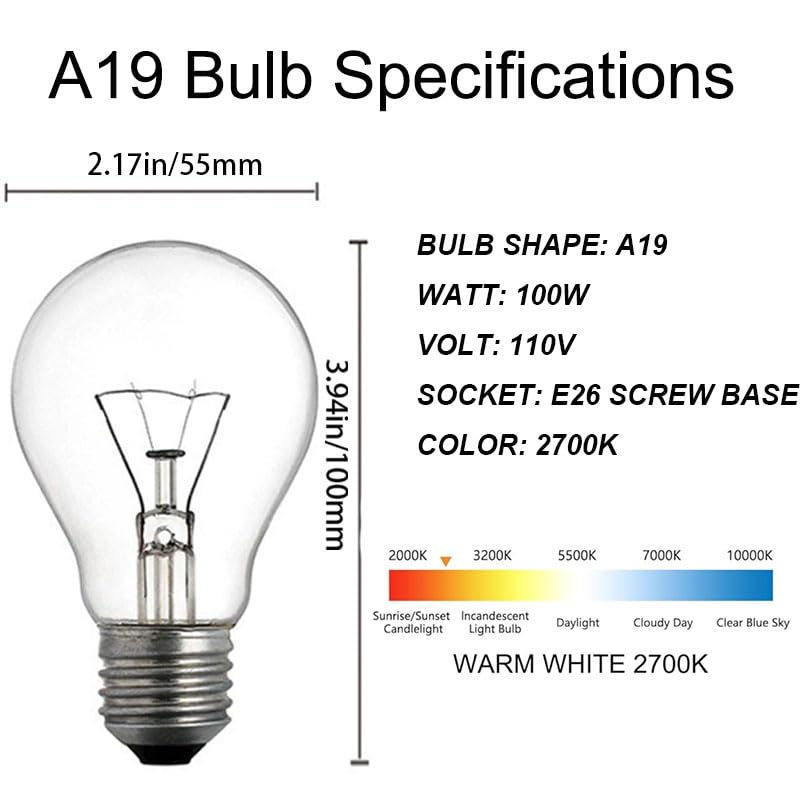 Hrsovii A19 Clear Incandescent Rough Service Light Bulb, 100 Watt Incandescent Light Bulbs, A19 100 WATT Bulbs ,2700K Soft White, E26 Medium Base, 110-130V (4 Pack)