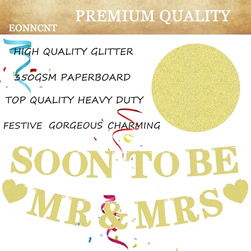 Pre-strung Soon to Be Mr & Mrs Banner - Gold Glitter Bridal Shower Decorations for Wedding, Engagement or Bachelorette Par...