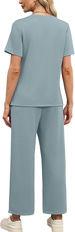 WIHOLL Two Piece Sets for Women Summer Travel Vacation Outfits Short Sleeve Lounge Sets Side Slit Wide Leg Pants S-3XL