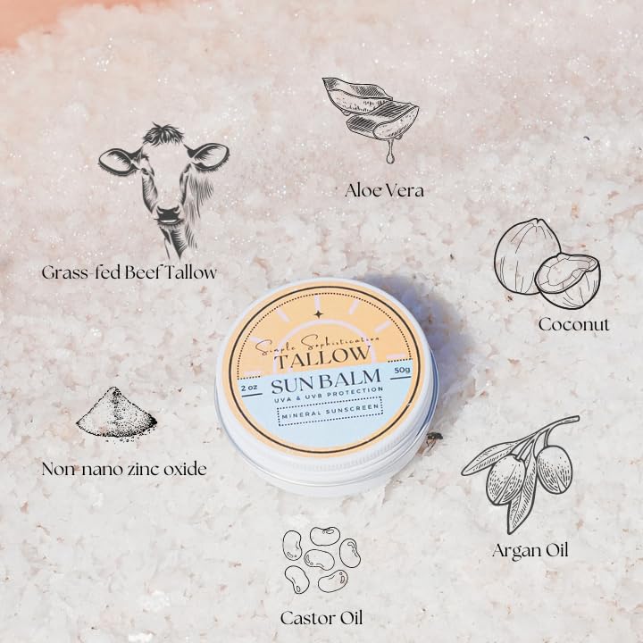 Tallow Sun Balm- with grassfed beef tallow, castor oil, zinc oxide | Mineral Sunscreen | Natural, Organic | Reef Safe, Ocean Fri