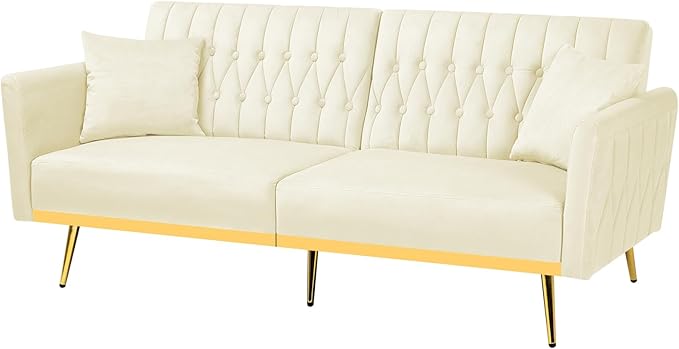ACMEASE 70” Velvet Futon Sofa Bed with 2 Pillows and Adjustable Armrests, Convertible Sleeper Bed W/Adjustable Backrests, Modern Loveseat for Living Room, Bedroom, Beige