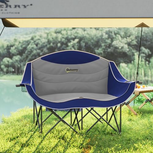 Outsunny Double Camping Chair for Adults, Padded Folding Camp Chair for 2 Person with Armrest, Wine Glass Holder, Cup Hold...