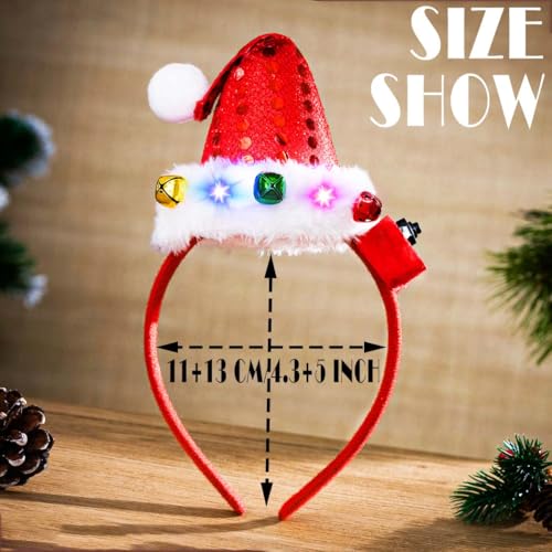 Bafuny Light Up Red Green Santa Hat Headband Christmas Hat Hairband Xmas Bells Head Accessories for Women
