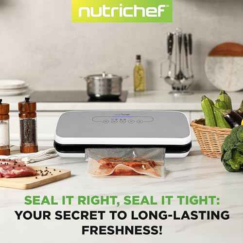 NutriChef Vacuum Sealer Machine ? Compact Silver Vacuum Sealing System with Dry & Moist Modes, LED Indicators, Starter Kit & Extra Bags ? Ideal for Food Preservation, Meal Prep & Sous Vide Cooking