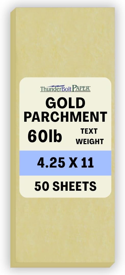 50 Gold Parchment 60# Text (=24# Bond) Paper Sheets - 4.25 X 11 Inches Half Letter Size Cut Long - Pound is Not Card Weight - Vintage Colored Old Parchment Semblance
