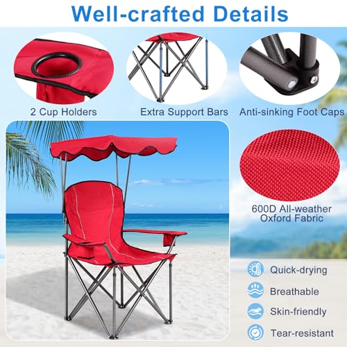 WATERJOY 24 Inches Portable Camping Chairs with Cup Holder, Folding Beach Chair with Shade Canopy