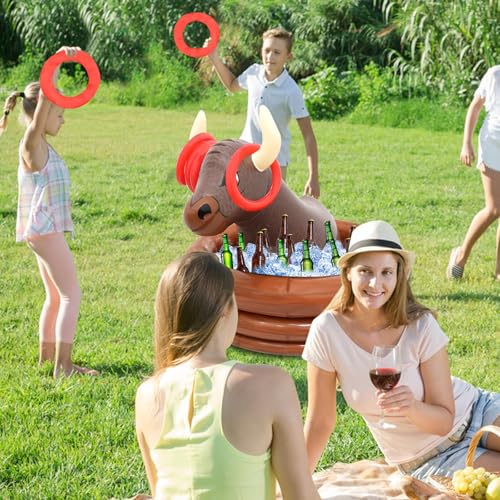 Inflatable Water Bull Ice Bucket with Rings Toss,Bull Cooler Beverage Serving Container Christmas Decorations Party Suppli...