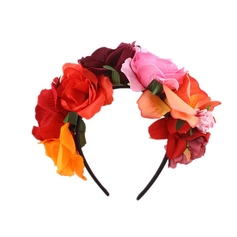 Lofruiin Women's Bohemian Rose Flower Crown Mexican Day of The Dead Headband Halloween Party Costume Headpiece (Burgundy Pink, F