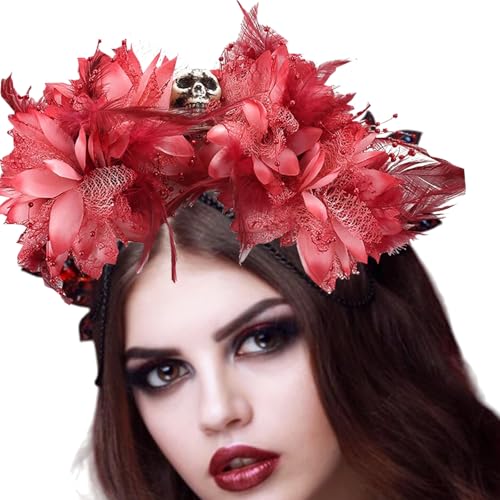 RUSTAMM Halloween Skull Flower Headband Red Flower Crown Gothic Horror Headwear for Party Costume Cosplay Headwear Day of ...
