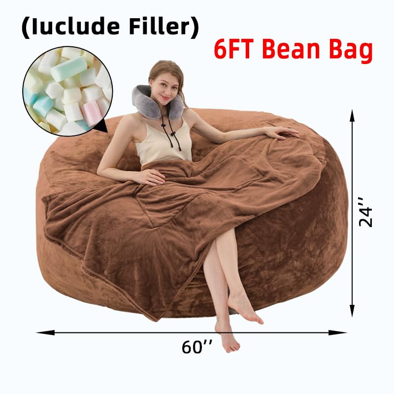 6FT Giant Bean Bag Chairs for Adults,Bean Bag Chair with Filler Included,Puff Chair,Memory Foam Chair,Living Room Furniture, Suitable for Indoor Balcony Games and Leisure Chairs (Coffee Colour, 6FT)
