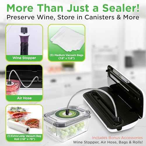 NutriChef Automatic Food Vacuum Sealer, Electric Air Sealing Preserver System for Dry and Moist Foods, LED Control, Strong Suction, Includes Bags, Wine Stopper Cork, and Air Suction Hose, 14¡±x6¡±x3¡±