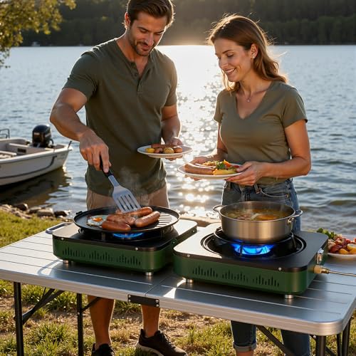 BIG HORN OUTDOORS 2 Burner Propane Camping Stove, Portable Camp Stove, Folding Gas Stove, Includes Frying Pan & Carry Bag ...