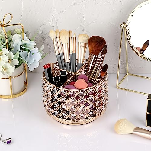 BTSKY Crystal 360 Degree Rotating Desk Organizer Decorative Storage Box with 4 Compartments, Glitter Metal Makeup Brush Ho...