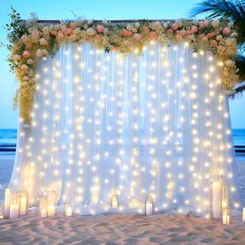10ft x 10ft White Sheer Tulle Backdrop Curtains with Lights String for Party Wedding Wrinkle Free Curtain Backdrops Drapes...