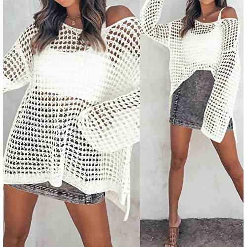 ZESICA Women's 2025 Summer Crochet Hollow Out Long Sleeve Beach Bikini Swimsuit Mesh Cover Up Tunic Top