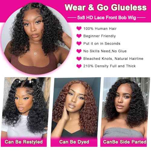 HENGROSE 5x8 Bob Wig Human Hair Glueless Wigs Human Hair Pre Plucked Pre Cut Deep Wave HD Lace Closure Wigs Human Hair 210% Density Wear And Go Glueless Wig (14inch)