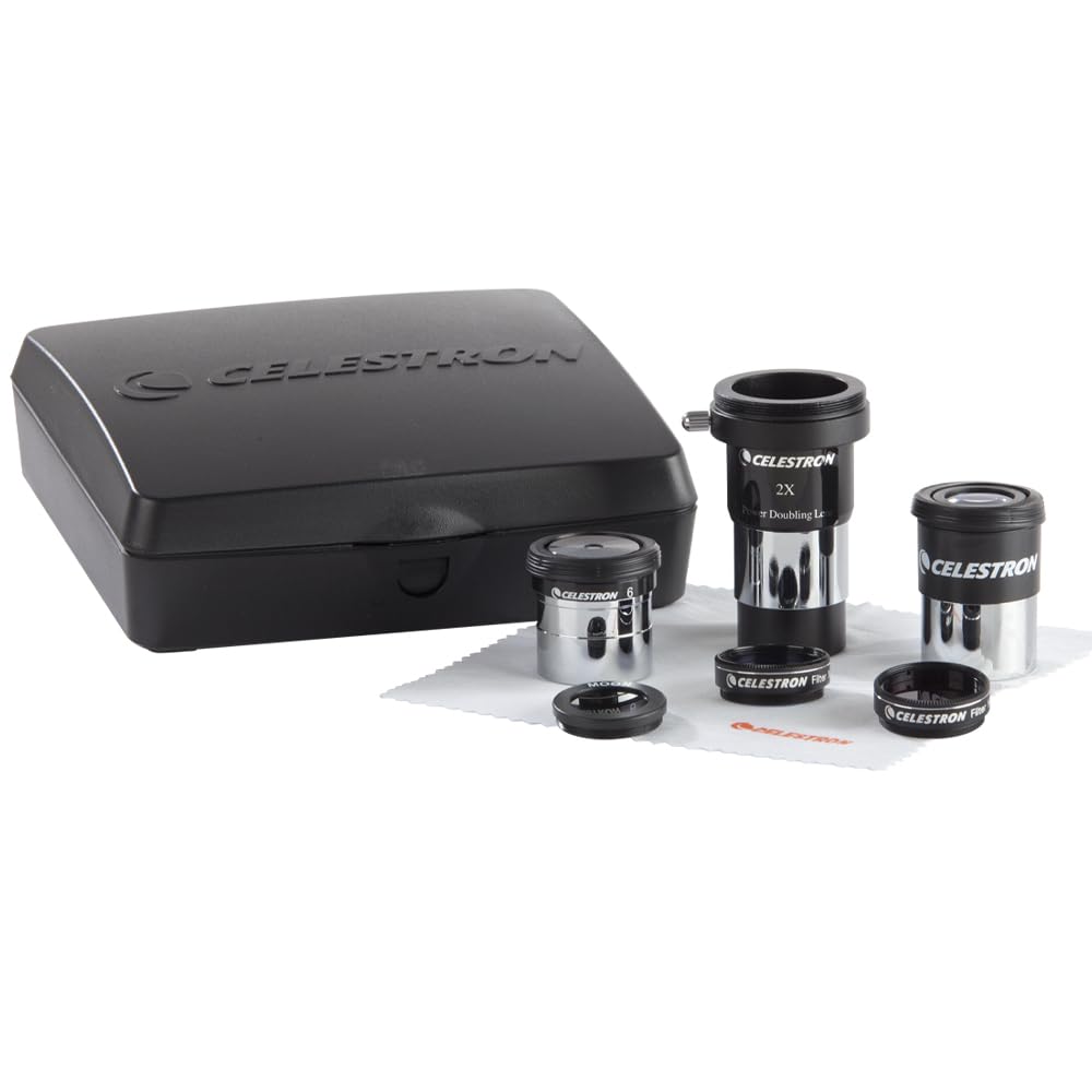 Celestron AstroMaster 8-Piece Eyepiece & Filter Accessory Kit - Includes Two 1.25 Eyepieces 2X Barlow Lens Three Filters Cleaning Cloth and Hard Case Black-New