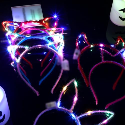 Xinnun 64 Pieces Light up Cat Ears Headband Bunny LED Glow in Dark Cat Animals Ears Hairband Party Supplies for Birthday F...
