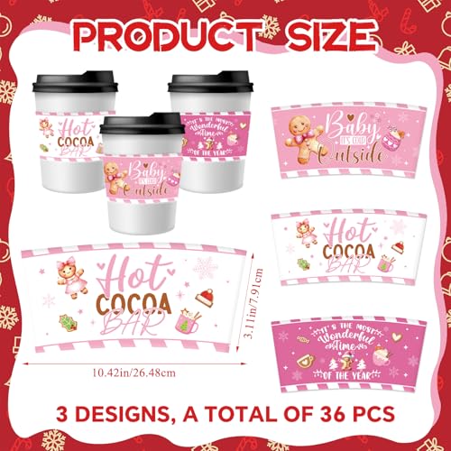 Disposable Coffee Cup Sleeves, 36 Pcs Pink Hot Cocoa Bar Paper Tumbler Sleeves for Hot Cold Drinks, Vintage Christmas Deco...