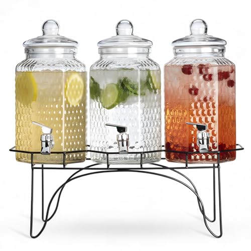 Drink Dispenser Set of 3 - Beverage Dispenser with Stand - Glass Drink Dispensers for Lemonade, Juice, Water, Iced Tea, Pu...