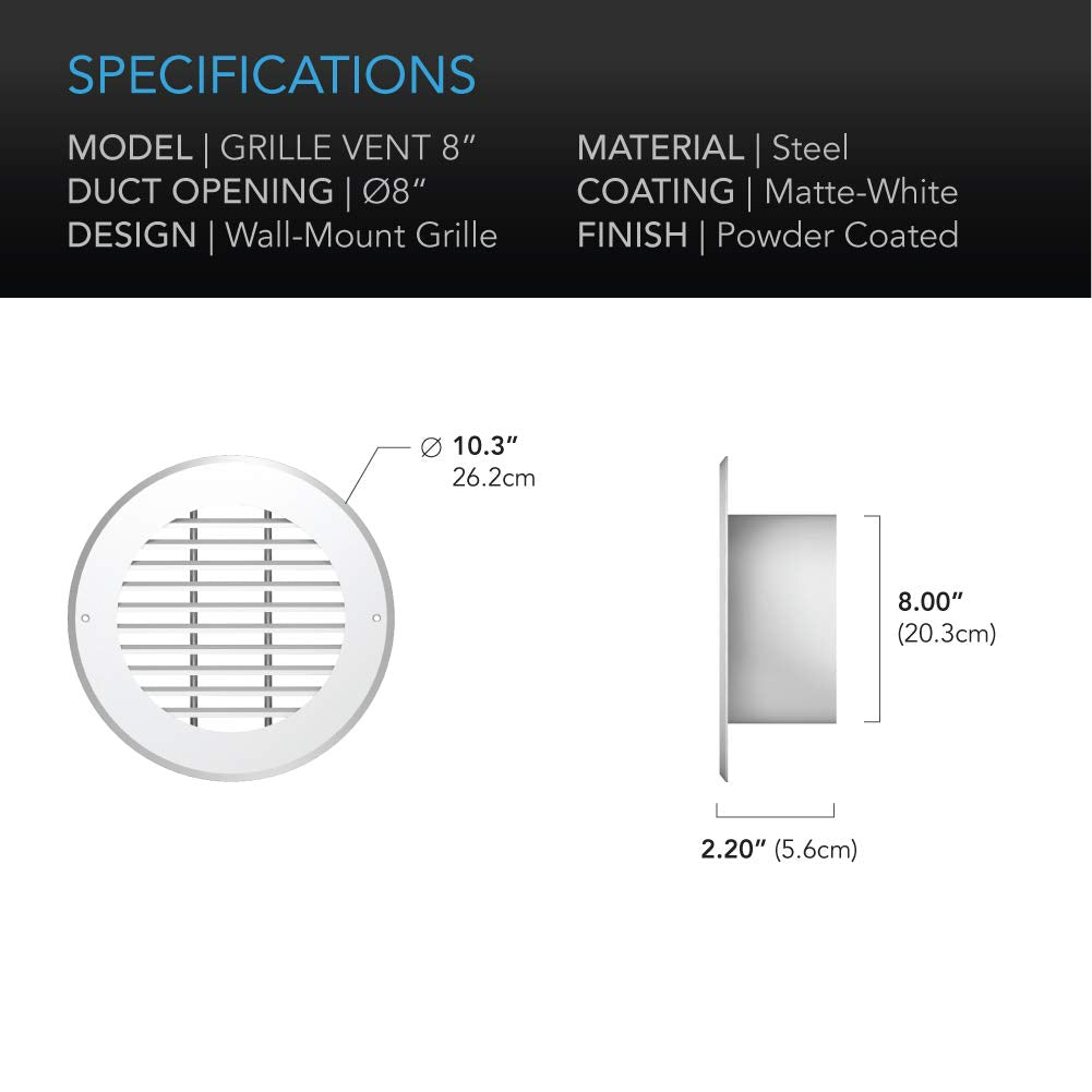 AC Infinity Wall-Mount Duct Grille Vent for 8-Inch Ducting, White Metal, Heating Cooling Ventilation and Exhaust