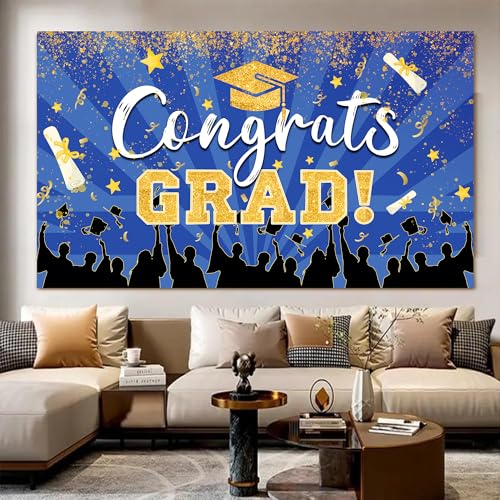 2026 Congrats Grad Graduation Backdrops 10x8 FT Blue and Gold Picture Background Class of 2026 Graduation Prom Party Banne...