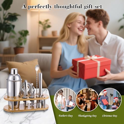 Cocktail Shaker Set Bartender Kit - 11 Pcs Bar Tool Set with Bamboo Stand & All Bar Accessories: Martini Shaker, Strainer,...
