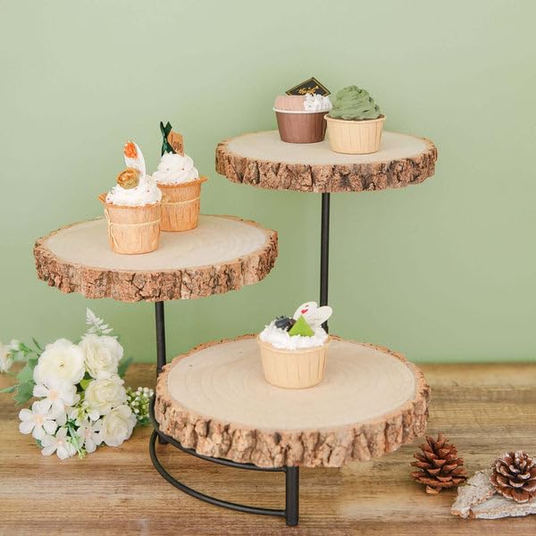 Tableclothsfactory 12" Tall | 3-Tier Wood Slice Cheese Board, Cupcake Stand, Half Moon Rustic Centerpiece