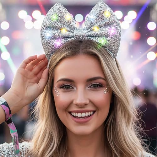 Yokawe Light Up Red Sequins Bow Headband,Flashing LED Bowknot Hair Accessory for Women, Adjustable Elastic, 3 Modes Glow f...