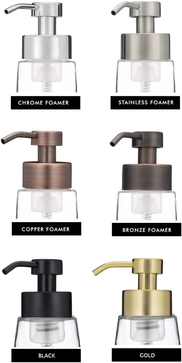 Rail19 Amber Glass Apothecary Foaming Soap Dispenser with Metal Pump - for Kitchen and Bathroom Countertop, 8.5oz (Polished Chrome)